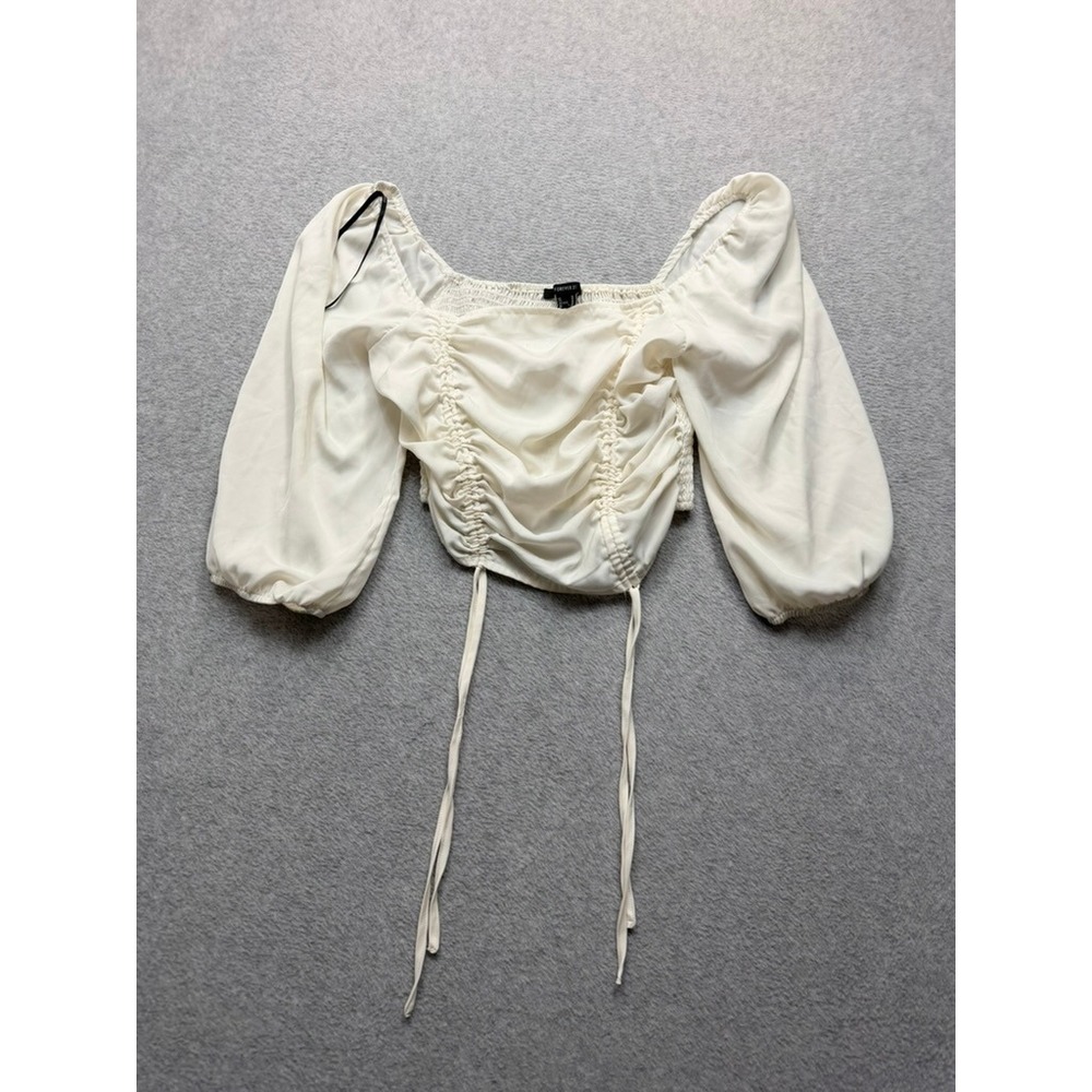 Forever 21 Cream Ruched Drawstring Puff Sleeve Crop Top Blouse Womens Medium